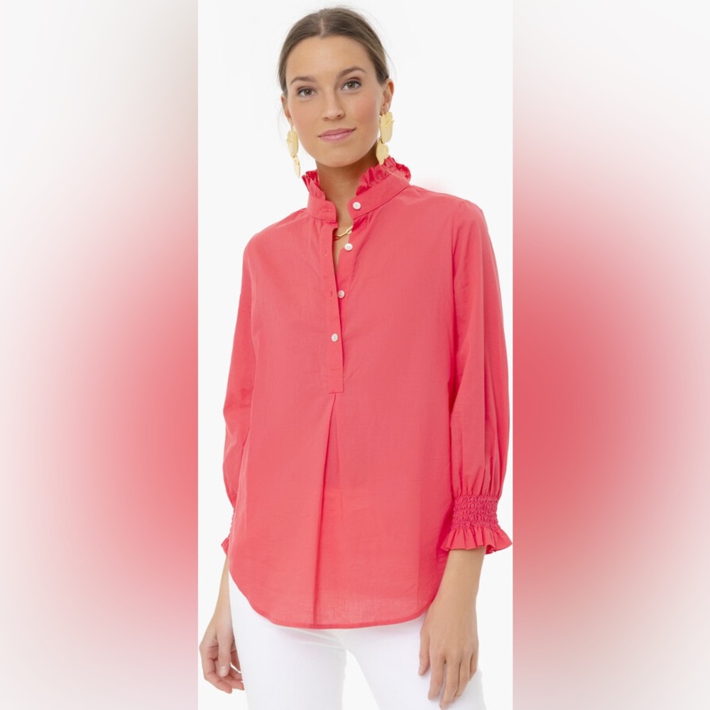Tuckernuck Coral Ruffle Stand-Collar Popover Blouse